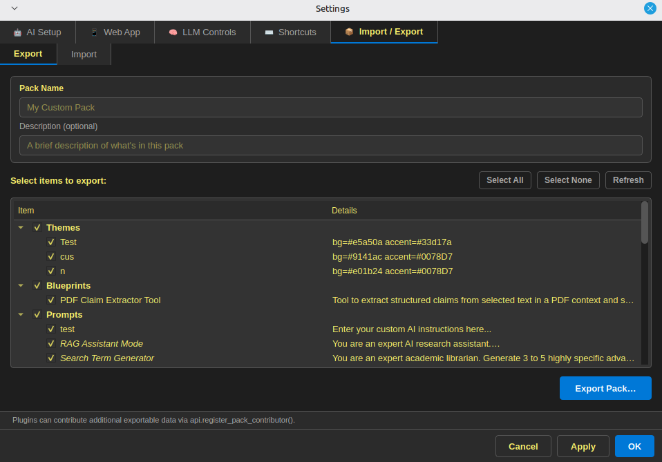 Pack import review listing proposed contents.