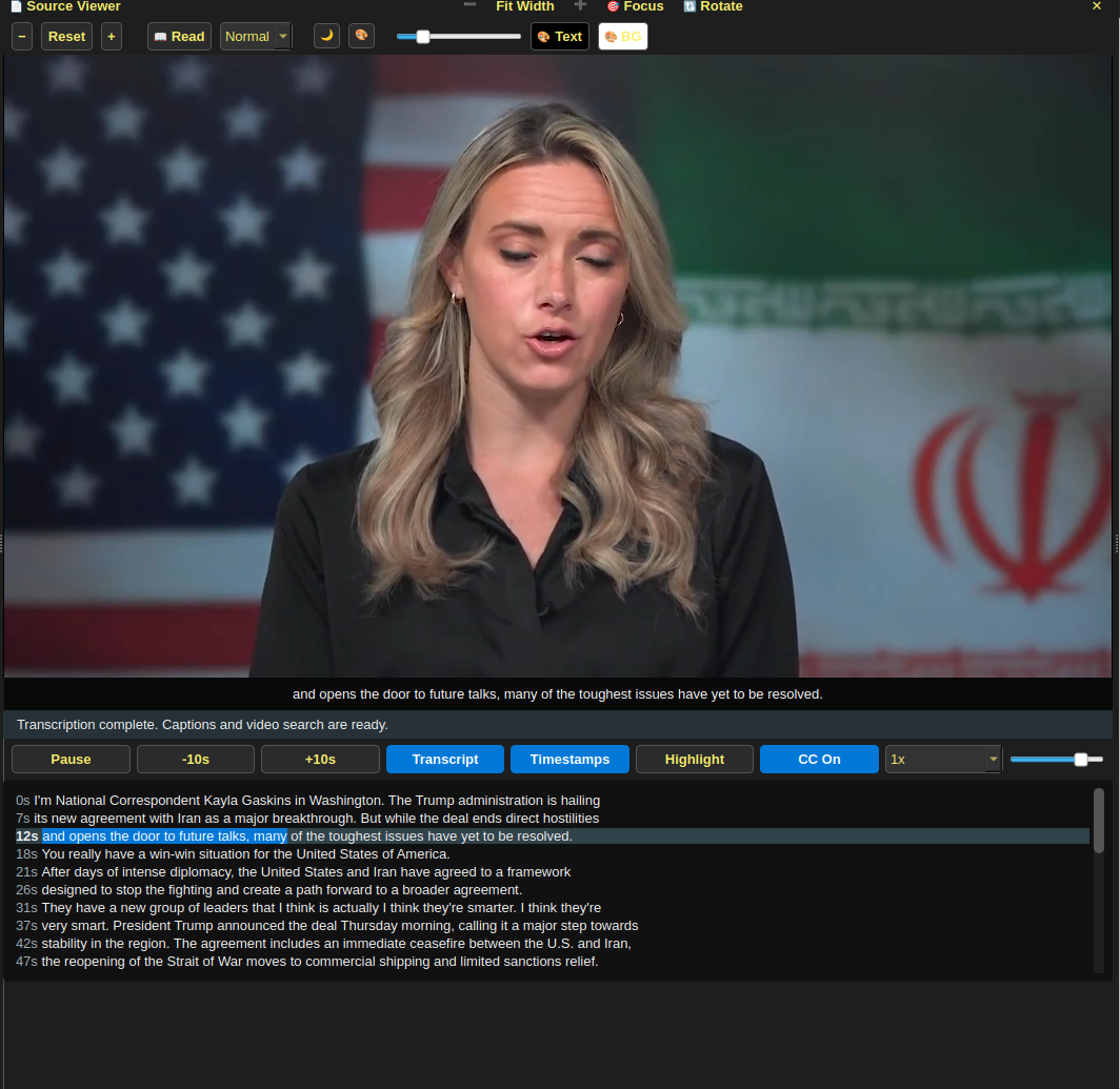 A video playing with a transcript beneath it
