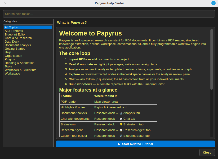 The help menu in Papyrus